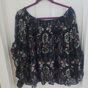 Bebe Navy Floral Women's Blouse, on Shoulders Or Off Ruffle 3/4 Sleeves L NWT
